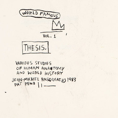 Jean Michel Basquiat Untitled World Famous Vol. 1. Thesis 1983. © The Estate of Jean Michel Basquiat Crayon on paper 22 1 2 x 30 inches Framed and glazed… - Jean-Michel Basquiat: King Pleasure© exhibition now on view in New York City