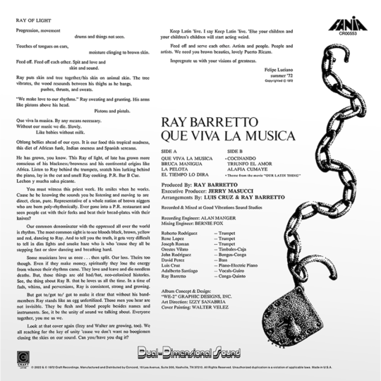 RB QUE VIVA LA MUSICA back cover  copy f 540x540 - Ray Barretto's Que Viva La Música reissued on #vinyl by Craft Latino